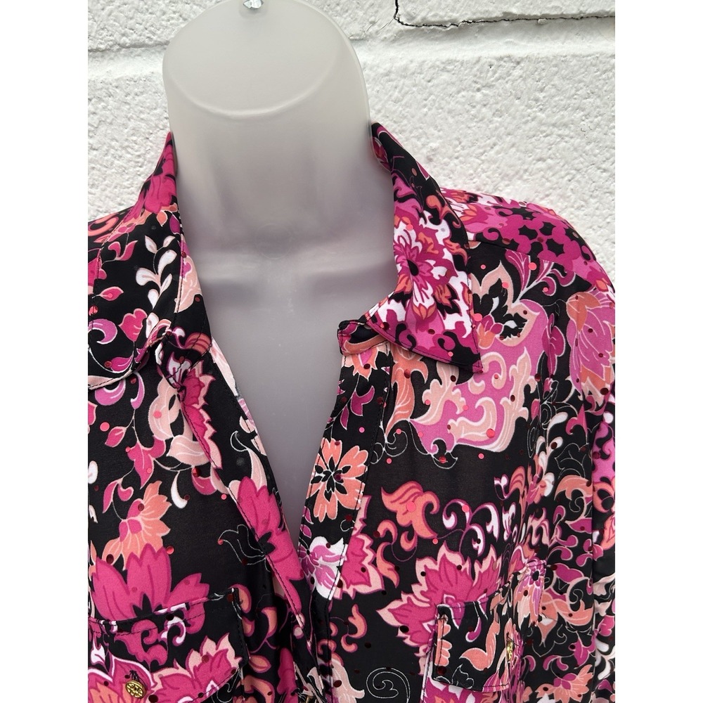 Emily Daniels XL Black Pink Floral Collared Sequin Button-Up 3/4 Sleeve Blouse - Picture 14 of 14